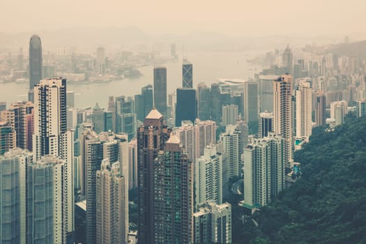 Haze Hong Kong downtown view from Victoria peak. Filtered shot