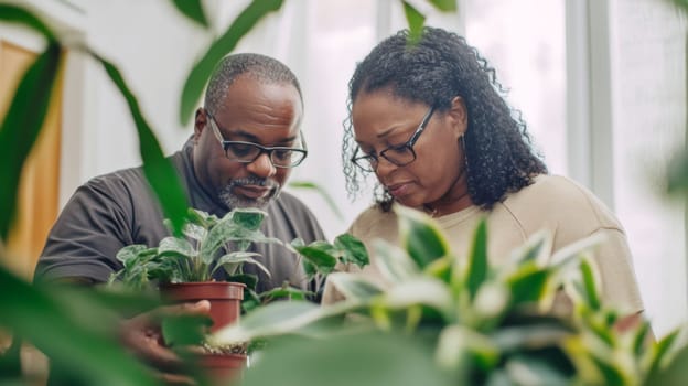 Couple caring houseplants at home. African american mature man and woman with green plants. AI Generated