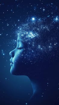 Child silhouette with stars in head, concept of imagination, dreams and universe, dark blue background, AI Generated