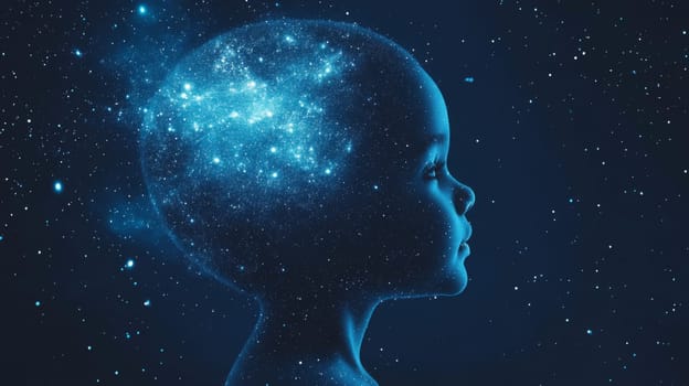 Child silhouette with stars in head, concept of imagination, dreams and universe, dark blue background, AI Generated