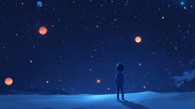 Boy looking at stars in night sky, concept of children dreams and fantasies, AI Generated