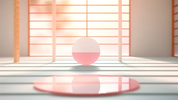 Abstract pastel pink geometric shapes with white sphere and blocks background, AI Generated