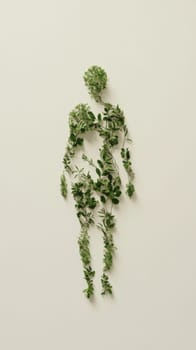 Human figure made of green leaves on plain background, concept of nature and ecology, AI Generated