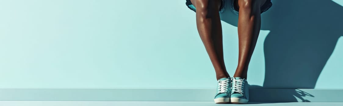 Legs of an athletic woman standing on color background, AI Generated