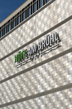 Illuminated sign for the Hoefe am Bruehl shopping center in the heart of Leipzig in Germany