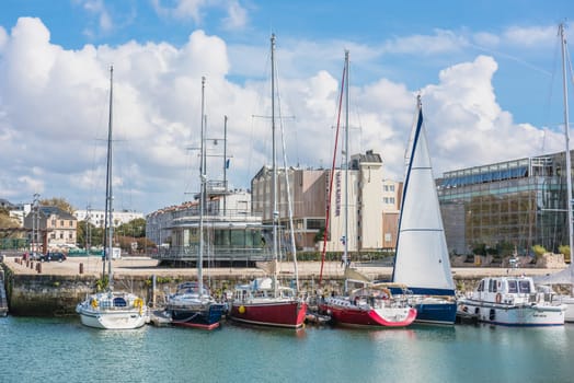 FRANCE, LA ROCHELLE - SEPTEMBER 21, 2015: View of yachts and an embankment with the hotel Mercure and the Aquarium of La Rochelle France