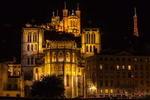 Cathedral of St. Jean and The Basilica Notre Dame de fourviere in Lyon, France at night