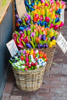 Dutch souvenirs - wooden tulips for sale on an Amsterdam market