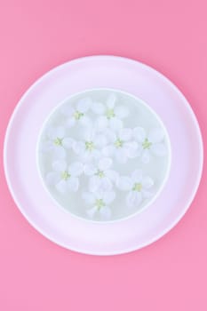 Creative flat lay concept top view of aroma bowl with water and white spring blossoming apple tree flowers on pastel pink paper background with copy space in minimal style, template for text