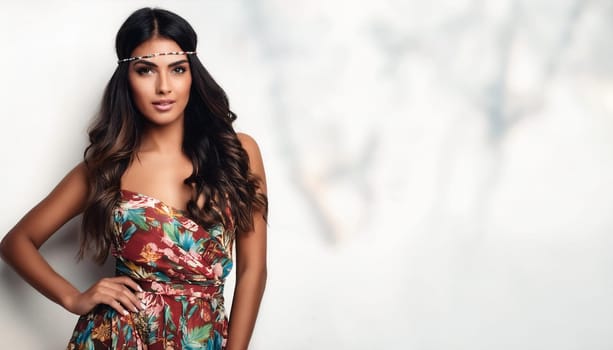 pretty young hippy woman in floral dress, AI generated image