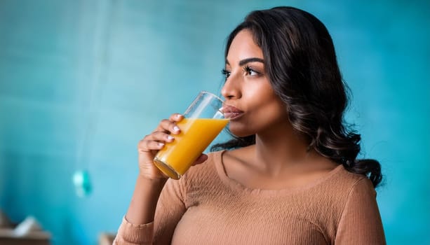 pretty young woman drinking orange juice, AI generated image