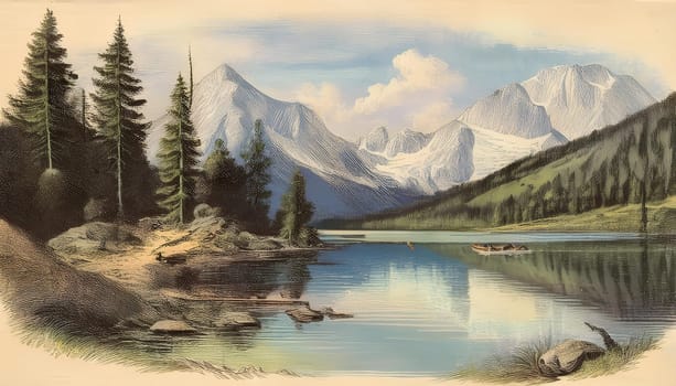 vintage alpine mountain lake scenery drawing, AI generated image