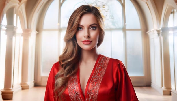 pretty young woman in a red night gown, AI generated image