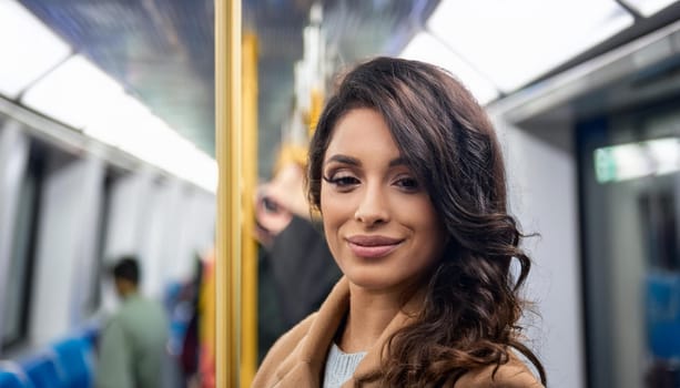 gorgeous young woman on subway train, AI generated image