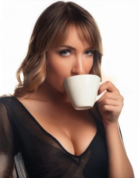 pretty young woman drinking coffee or tea, AI generated image