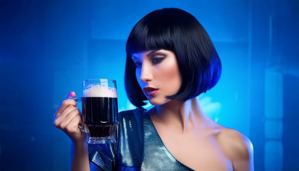 gorgeous woman bob haircut sixties retro futuristic style drinking beer pint, AI generated image