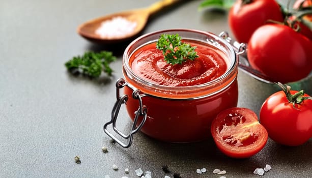 jar of red tomato puree with basil, AI generated image