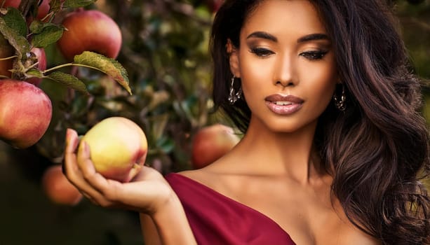 gorgeous young woman picking green apples from a tree, AI generated image