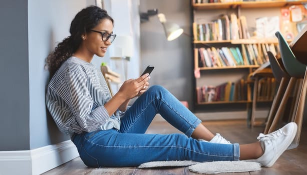 young female student seated on the floor with mobile phone, AI generated image