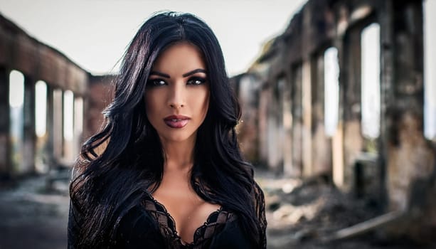gorgeous goth woman in abandoned factory ruins, AI generated image