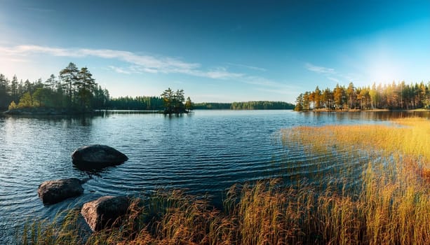 finnish lake landscape with birch trees, AI generated image