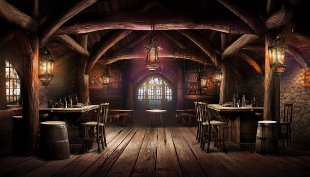 dark gloomy old medieval tavern, AI generated image