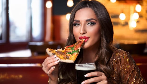 gorgeous young woman eating pizza and drinking beer, AI generated image