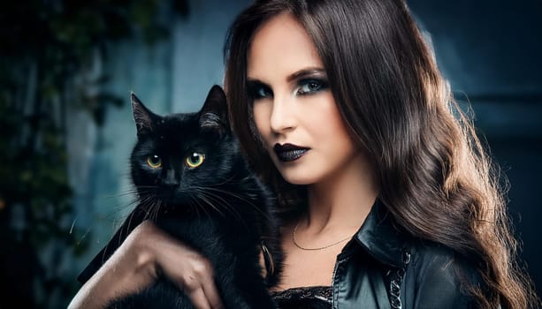 gorgeous young goth woman with black cat, AI generated image