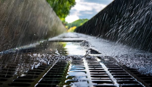 rain flowing down a drain manhole, AI generated image