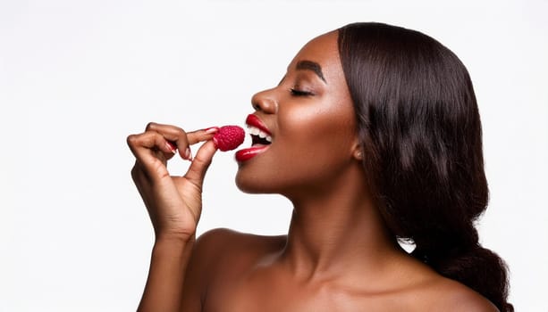 gorgeous young woman eating raspberries, AI generated image