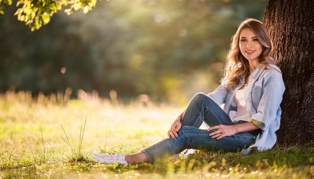 gorgeous young woman seated under a tree, AI generated image