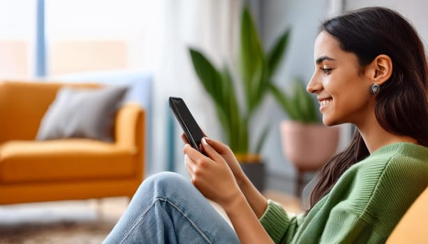 young female student seated on the floor with mobile phone, AI generated image