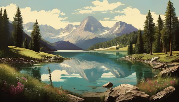 vintage alpine mountain lake scenery drawing, AI generated image