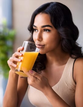 pretty young woman drinking orange juice, AI generated image