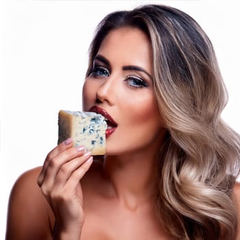 pretty young woman eating stilton cheese, AI generated image