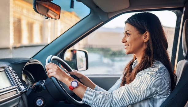 gorgeous young woman driving a van, AI generated image