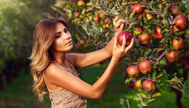 gorgeous young woman picking green apples from a tree, AI generated image