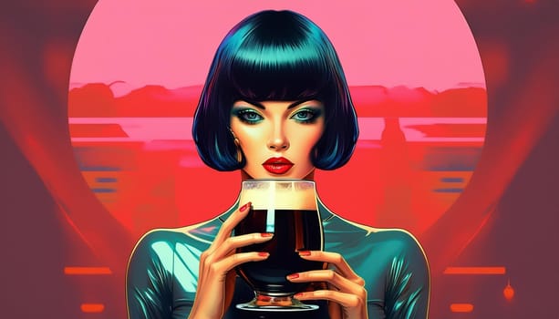 gorgeous woman bob haircut sixties retro futuristic style drinking beer pint, AI generated image