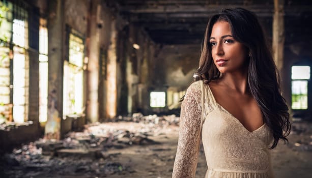 gorgeous goth woman in abandoned factory ruins, AI generated image