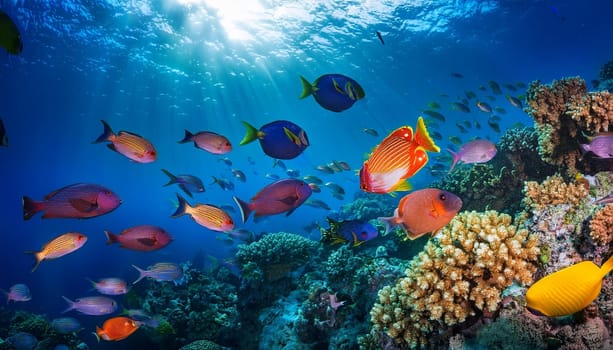colourful tropical fishes and coral, AI generated image