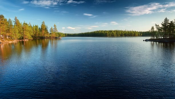 finnish lake landscape with birch trees, AI generated image