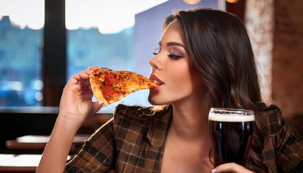 gorgeous young woman eating pizza and drinking beer, AI generated image
