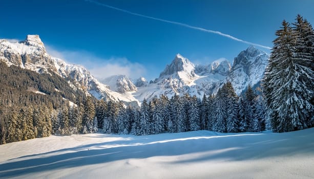 winter alpine mountains natural landscape, AI generated image
