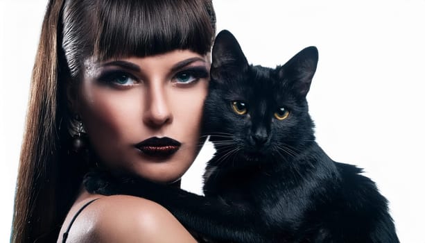 gorgeous young goth woman with black cat, AI generated image
