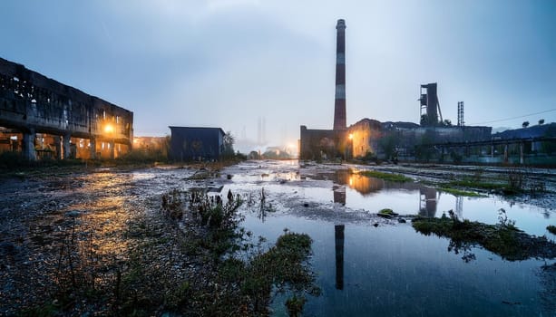 industrial ruins of abandoned factory, AI generated image