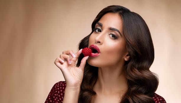 gorgeous young woman eating raspberries, AI generated image