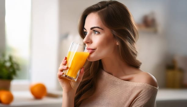 pretty young woman drinking orange juice, AI generated image