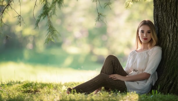 gorgeous young woman seated under a tree, AI generated image