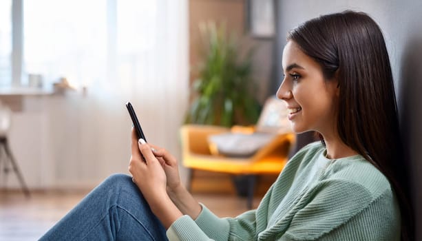 young female student seated on the floor with mobile phone, AI generated image