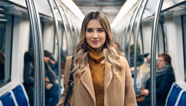 gorgeous young woman on subway train, AI generated image